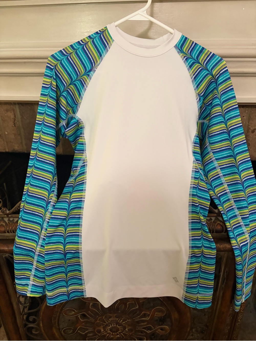 Columbia White Rash Guard with Blue and Green Striped Sleeves. Swim Top Active